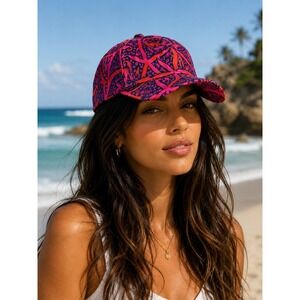 Lilly Pulitzer Pink Orange Coral Print Baseball Cap Adjustable Hat Gold Hardware
